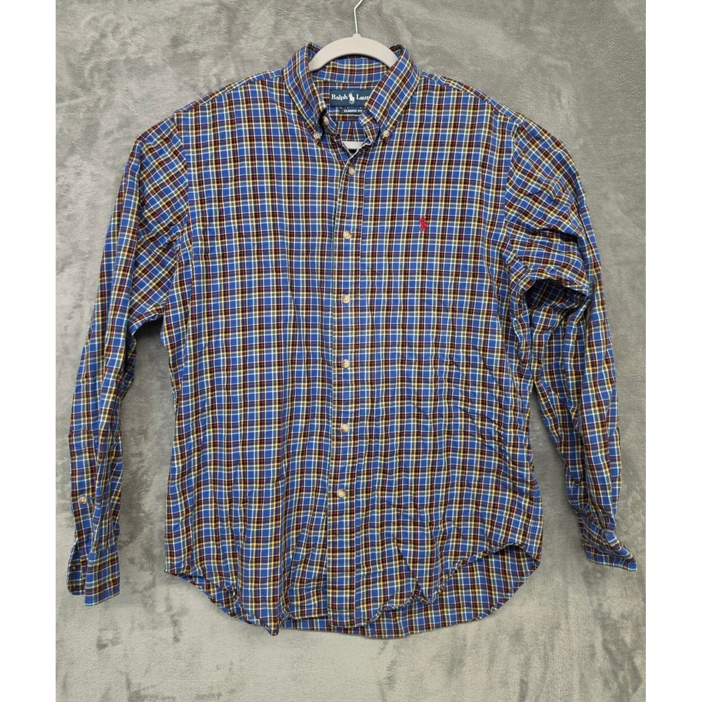 Ralph Lauren Mens Classic Fit Plaid Button Down Shirt Blue Yellow Red Size M